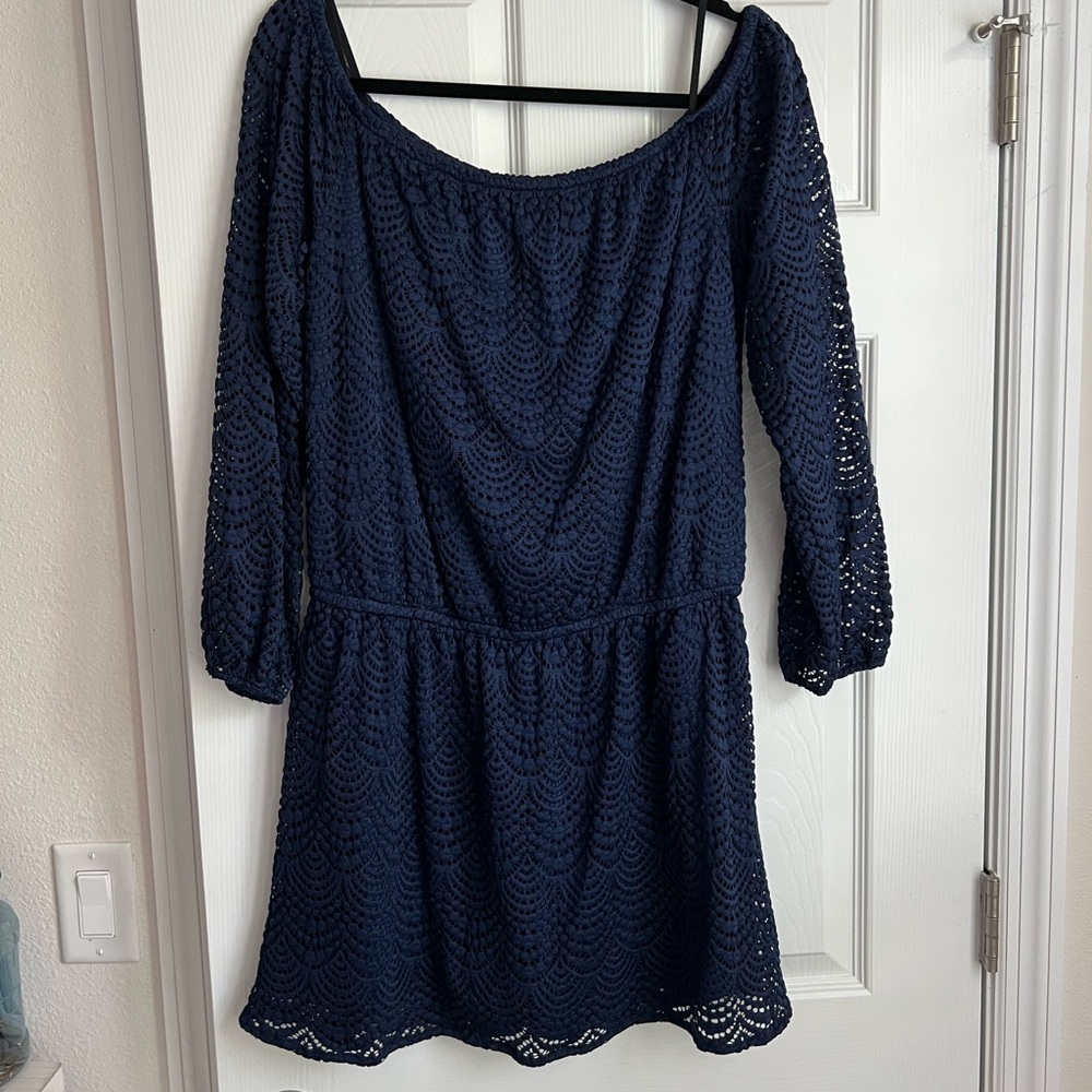 Elegant Navy Blue Lace off the shoulder Lana romper